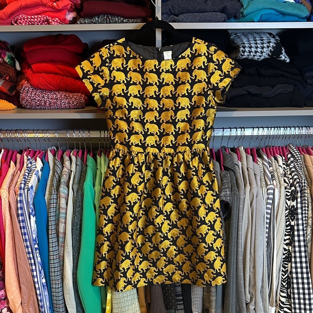 J Crew black/gold elephant print exposed back zipper brocade dress size 16 NWT